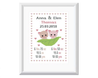 Baby cross stitch pattern Twins Girl Birth Announcements Modern cross stitch Baby shower gift Nursery decor PDF