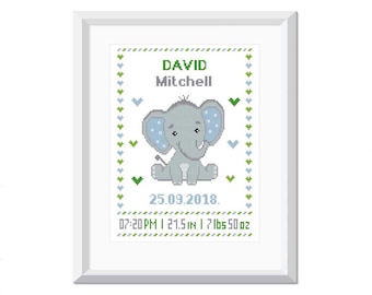 Personalisiertes Baby Kreuzstichmuster Elefant Junge Geburtsanzeige Baby Geschenk Tier Kreuzstich Personalisierte Kinderzimmer Kreuzstich Babyparty