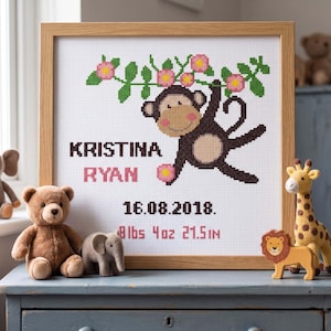 Baby Girl Birth Announcement Cross Stitch Pattern - Monkey Nursery (PDF Download)