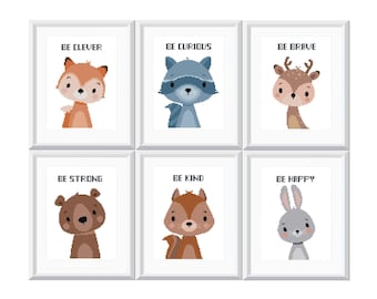 Baby Cross Stitch Pattern, Woodland Animals, Baby Shower Gift, Be clever, Be brave, Be strong, Nursery Embroidery, Set Fox Bear Bunny Deer