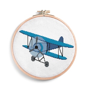 Blue Airplane Cross Stitch Pattern, Biplane Kids Room Decor (Digital Download)