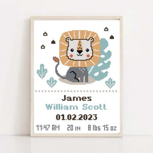 Baby Boy Birth Announcement Cross Stitch Pattern – Cute Lion Design – PDF Embroidery for Nursery Decor, Handmade Baby Shower Gift