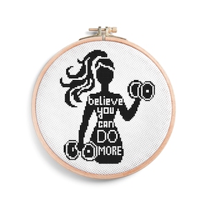 Fitness Cross Stitch Pattern – Motivational Girl Silhouette with Dumbbells, Believe You Can Do More Quote – PDF for DIY Gifts, Decor