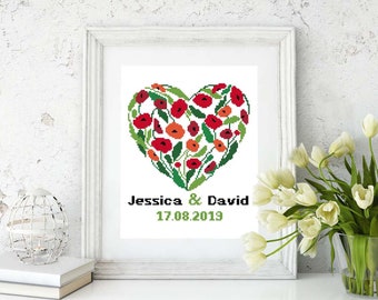 Personalized Wedding Heart cross stitch pattern Poppies cross stitch Love cross stitch Wedding gift Modern Flower cross stitch