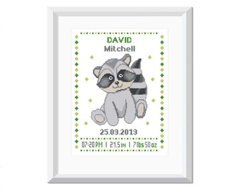 Raccoon cross stitch pattern Baby Birth announcement Animal cross stitch Modern cross stitch Boy Baby shower Baby gift Nursery decor