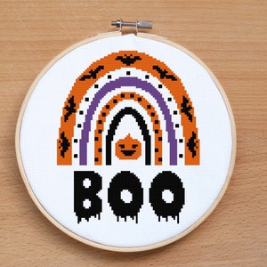 Happy Halloween cross stitch pattern PDF Boho rainbow cross stitch Pumpkin cross stitch Halloween gift Modern Easy cross stitch Boo