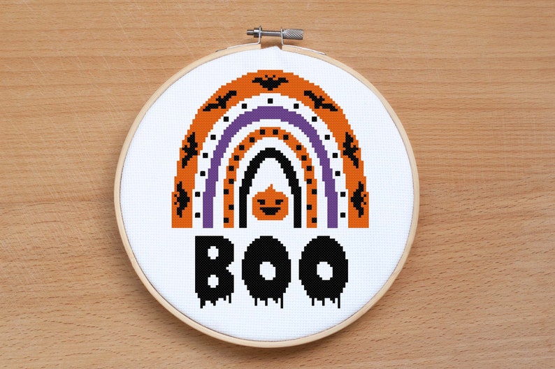 Happy Halloween cross stitch pattern PDF Boho rainbow cross stitch Pumpkin cross stitch Halloween gift Modern Easy cross stitch Boo image 1