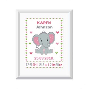 Baby cross stitch pattern Elephant Girl Birth Announcements Modern cross stitch pattern baby shower gift Nursery decor PDF