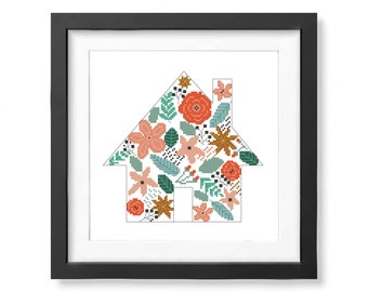 Floral Home cross stitch pattern PDF Flowers pattern Home sweet home Modern cross stitch Room Wall decor Gift