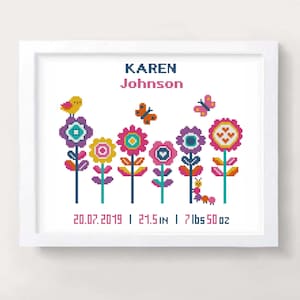 Colorful Flowers Birth announcement cross stitch pattern PDF Girl Baby personalized sampler cross stitch Baby shower gift Nursery decor