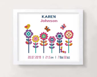 Colorful Flowers Birth announcement cross stitch pattern PDF Girl Baby personalized sampler cross stitch Baby shower gift Nursery decor