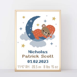 Personalized Birth announcement cross stitch pattern PDF Sleeping bear Boy Baby cross stitch Forest animal Baby shower Baby gift