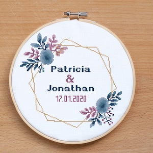 Wedding Hoop Cross Stitch Pattern – Floral Wreath with Names & Date – Personalized PDF Embroidery – DIY Gift for Bride and Groom