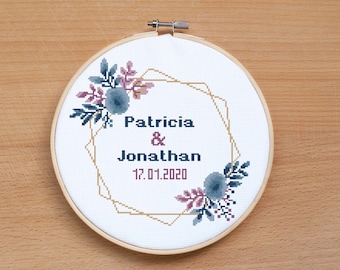 Wedding cross stitch pattern, Personalized cross stitch, Floral embroidery pattern, Wedding gift, Anniversary, Love, Modern cross stitch