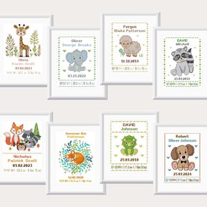 Personalized Birth Announcement cross stitch pattern Animal cross stitch Baby gift Nursery cross stitch Baby shower