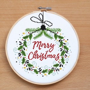Christmas Wreath Cross Stitch Pattern PDF - Merry Christmas Embroidery Design - Holiday Gift Idea - Festive Home Decor