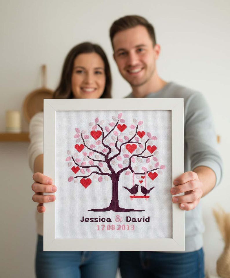 Tree of Life Wedding Cross Stitch Pattern, Personalized Mr & Mrs (PDF Template) image 3