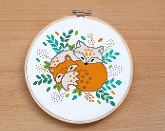 Two Foxes cross stitch pattern Twins cross stitch Little fox Forest Modern cross stitch Animal cross stitch  Baby shower Nursery decor