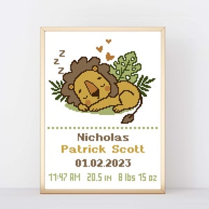 Lion sleeping Birth Announcement cross stitch pattern Animals cross stitch Baby Boy Modern cross stitch Baby shower gift Nursery decor PDF