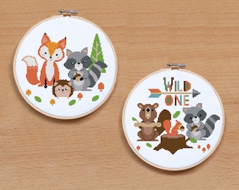 Forest Animals cross stitch pattern Baby cross stitch Counted Modern cross stitch Little Fox Raccoon Beaver Hedgehog Woodland Nursery decor