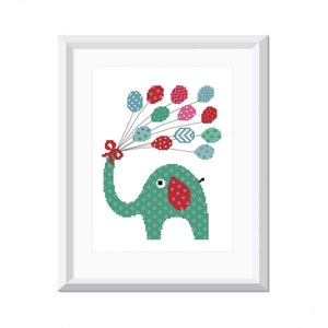 Padrão de ponto cruz de elefante fofo - bordado de animal de balão - presente de chá de bebê - decoração de berçário faça você mesmo - gráfico em PDF - download instantâneo