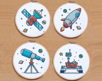 Patrón de punto de cruz para habitación infantil con temática espacial, cohete moderno y telescopio (patrón en PDF).