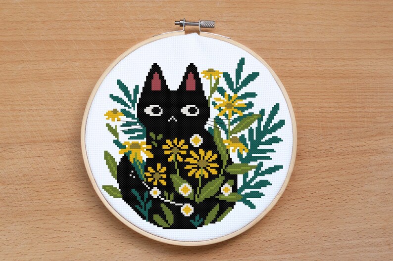 Black Cat cross stitch pattern Cat in flowers cross stitch PDF Animal cross stitch Сat design Wall Room decor Cat lovers Cute pet Cat hoop