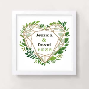 Wedding Leaf Heart cross stitch pattern Personalized Wedding Gift cross stitch Love Modern cross stitch Mr & Mrs cross stitch PDF