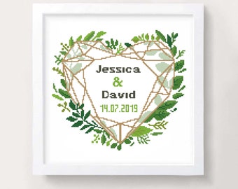 Leaf Heart Wedding Cross Stitch Pattern: Personalized Gift (PDF)