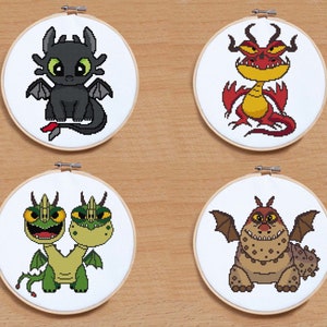 Dragons cross stitch pattern, Toothless cross stitch, Hookfang, Barf and Belch, Meatlug, How to train your dragon, Modern cross stitch, PDF