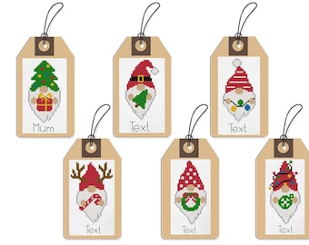 May include: Six brown gift tags with different Christmas gnome designs. The gnomes are wearing red, white, and green hats and have white beards. The tags have the word "Text" written on them, except one tag that says "Mum".