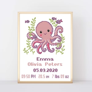 Octopus Birth Announcement Cross Stitch Pattern, Baby Girl Nursery Decor, Personalized Nautical Birth Sampler, Ocean Sea Animal PDF Chart