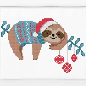 Merry Christmas cross stitch pattern Easy Counted cross stitch design Funny Sloth cross stitch Modern embroidery Christmas decor PDF