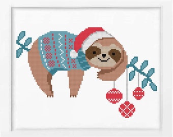 Merry Christmas cross stitch pattern Easy Counted cross stitch design Funny Sloth cross stitch Modern embroidery Christmas decor PDF