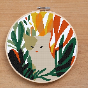 Cat in Leaves Cross Stitch Pattern PDF - Cute Embroidery Design - DIY Gift for Cat Lovers - Modern Wall Art Home Decor