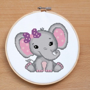 Padrão de ponto cruz de elefante fofo para chá de bebê menina Ponto cruz animal Ponto cruz moderno Decoração de berçário PDF