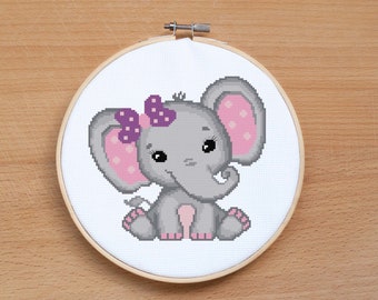 Mignon bébé éléphant modèle de point de croix Cadeau de shower de bébé fille Point de croix animal Point de croix moderne Décoration de chambre d'enfant PDF