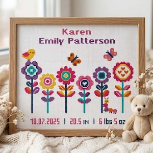 May include: A framed cross-stitch birth announcement featuring the name Karen Emily Patterson, colourful flowers, a bird, butterflies, and a caterpillar. The text includes the date 10.07.2025, the length 20.5 in, and the weight 6 lbs 5 oz.