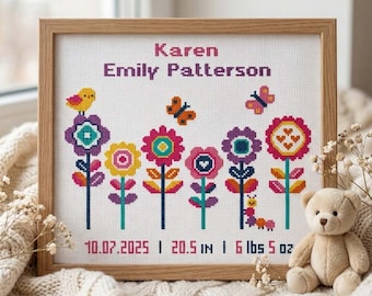 Floral Birth Announcement Cross Stitch Pattern, Personalized Baby Girl Sampler PDF