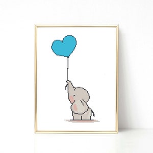 Schema punto croce Elefante Bambino Punto croce Animale Palloncino Bambino Scheda nascita Punto croce moderno Regalo baby shower Decorazione cameretta PDF