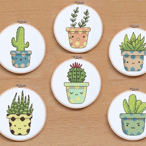 Cactus Cross Stitch Pattern Set – 6 Cute Potted Designs with Funny Faces – PDF Template for DIY Gifts, Room Wall Decor