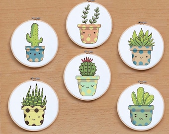 Cactus Cross Stitch Pattern Set: Funny Face Potted Plants (PDF Download)