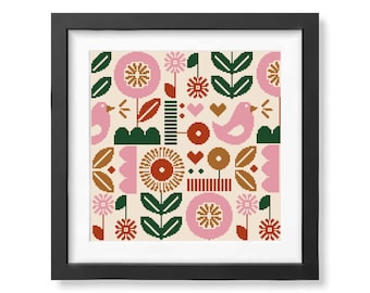 May include: A framed print with a geometric pattern of pink and red flowers, green leaves, and brown and orange circles. Two pink birds are featured in the design.
