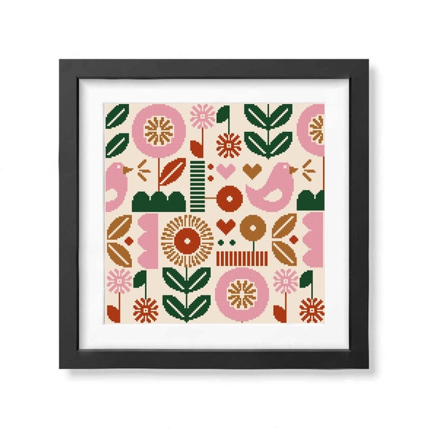 Scandinavian Folk Art cross stitch pattern PDF Abstract flowers Modern cross stitch Easy cross stitch Home decor Beginner pattern