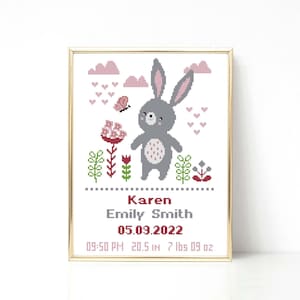 Patrón de punto de cruz para anunciar el nacimiento de una niña - Bordado de conejito - Decoración infantil - Regalo DIY para bebé - Gráfico en PDF - Descarga instantánea