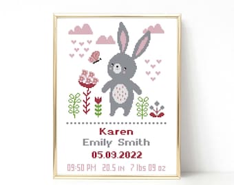 Bunny cross stitch pattern Birth announcement Girl Baby shower gift Rabbit cross stitch Birth sampler Nursery decor New baby PDF