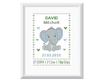 Baby Elephant cross stitch pattern PDF Boy Birth Announcements Modern cross stitch pattern Baby shower gift Nursery decor