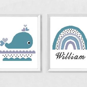 Boho Rainbow Whale Cross Stitch Pattern – Customizable Name Design for Boys – PDF Embroidery for Baby Gift, Nursery Wall Decor