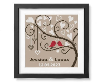 Tree of Life Wedding Cross Stitch Pattern: Customizable Bird Design (PDF Template)
