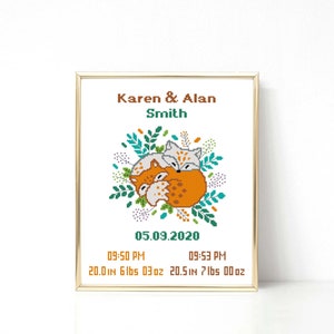Patrón de punto de cruz para anuncio de nacimiento de gemelos - Dos adorables zorros - Decoración para habitación de bebé - Idea de regalo para recién nacido - Gráfico en PDF - Descarga instantánea